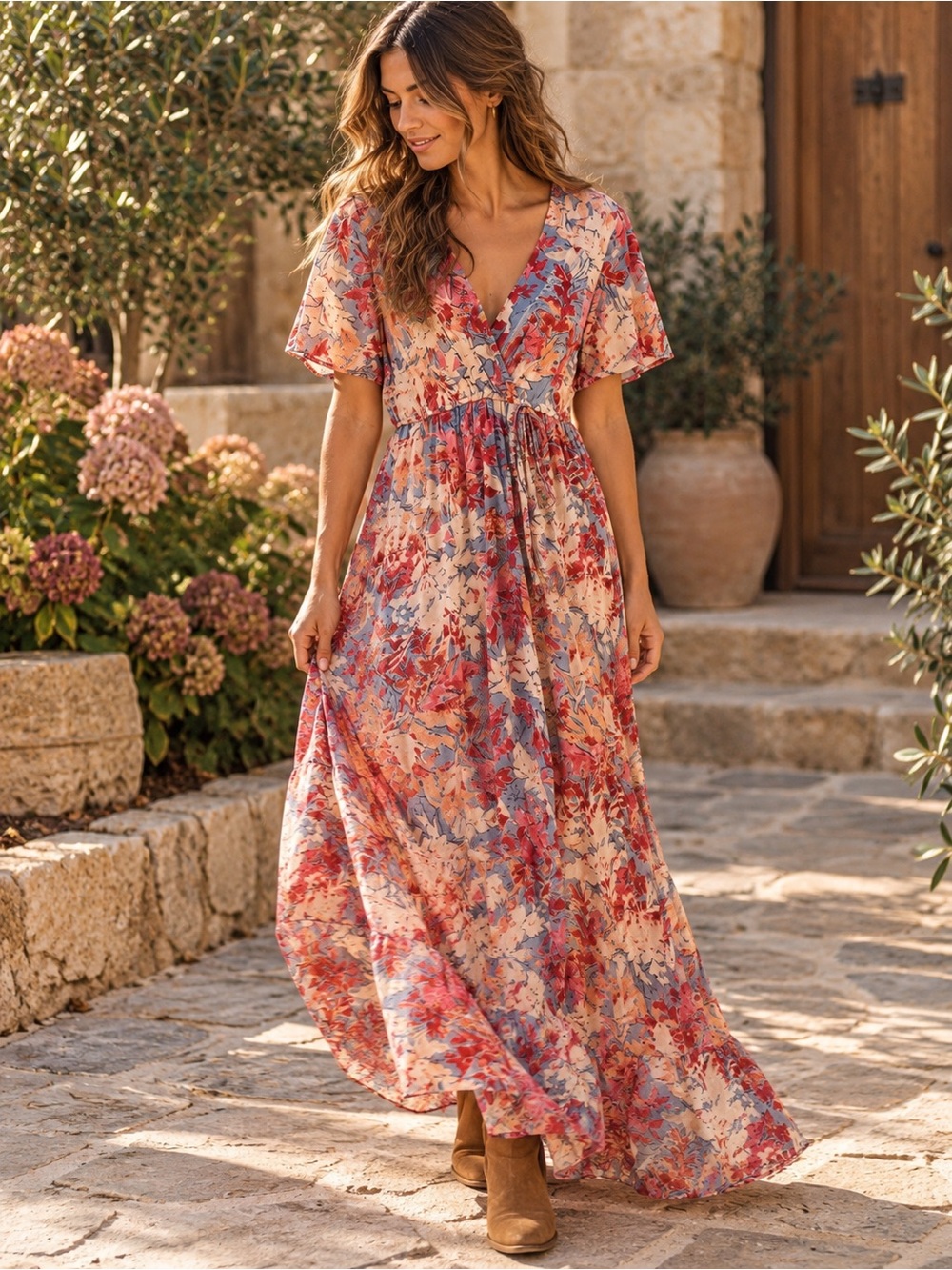 Angie Floral Maxi Dress S Surplice Flutter Sleeve Boho Fall Wedding